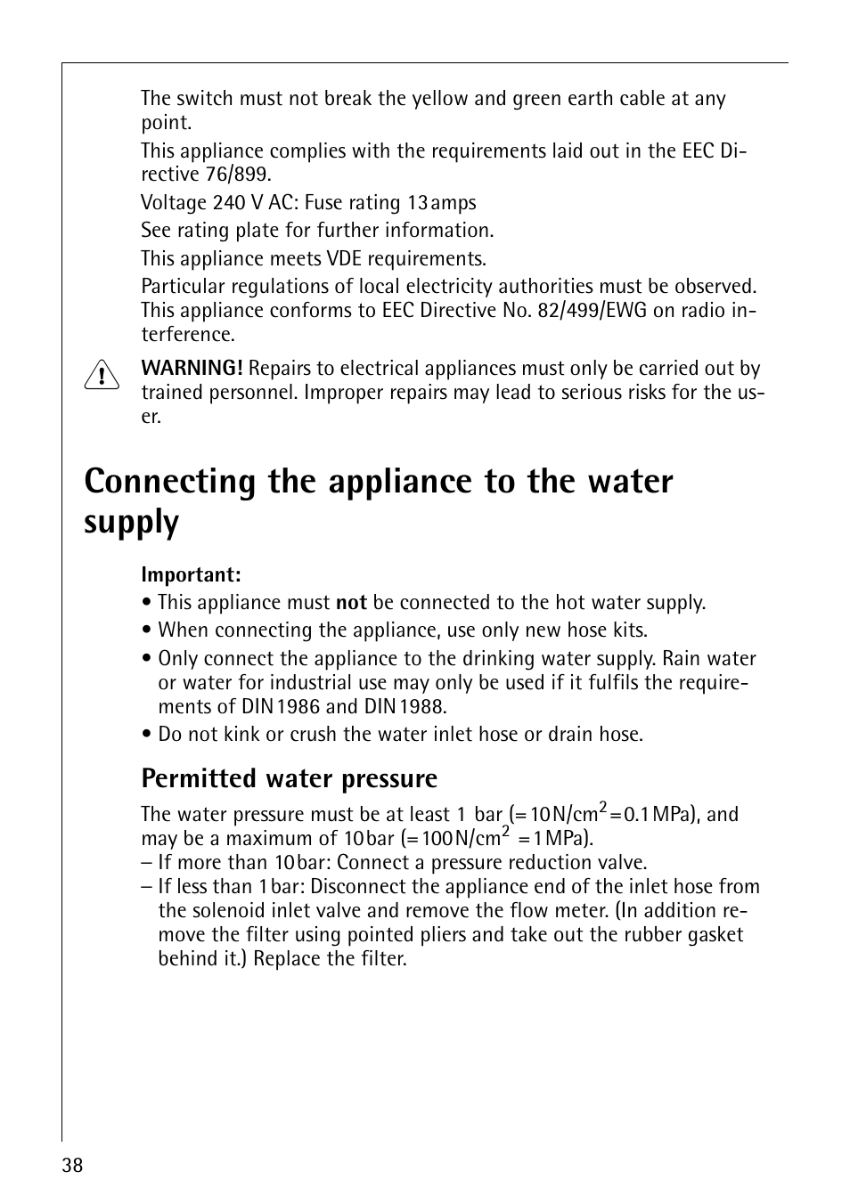 Connecting the appliance to the water supply, Permitted water pressure | Electrolux 86800 User Manual | Page 38 / 44