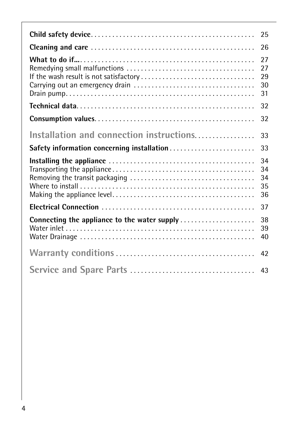 Installation and connection instructions, Warranty conditions, Service and spare parts | Electrolux 86800 User Manual | Page 4 / 44