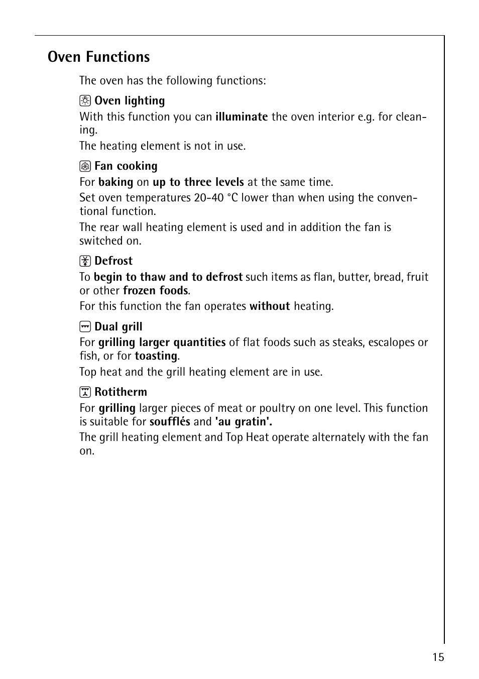 Oven functions | Electrolux E2190-1 User Manual | Page 15 / 60