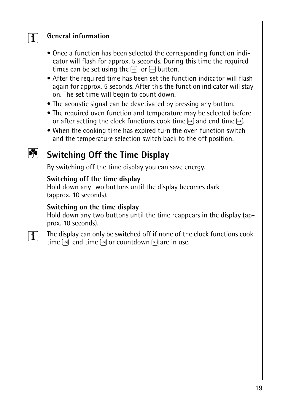 Switching off the time display | Electrolux E2190-1 User Manual | Page 19 / 60