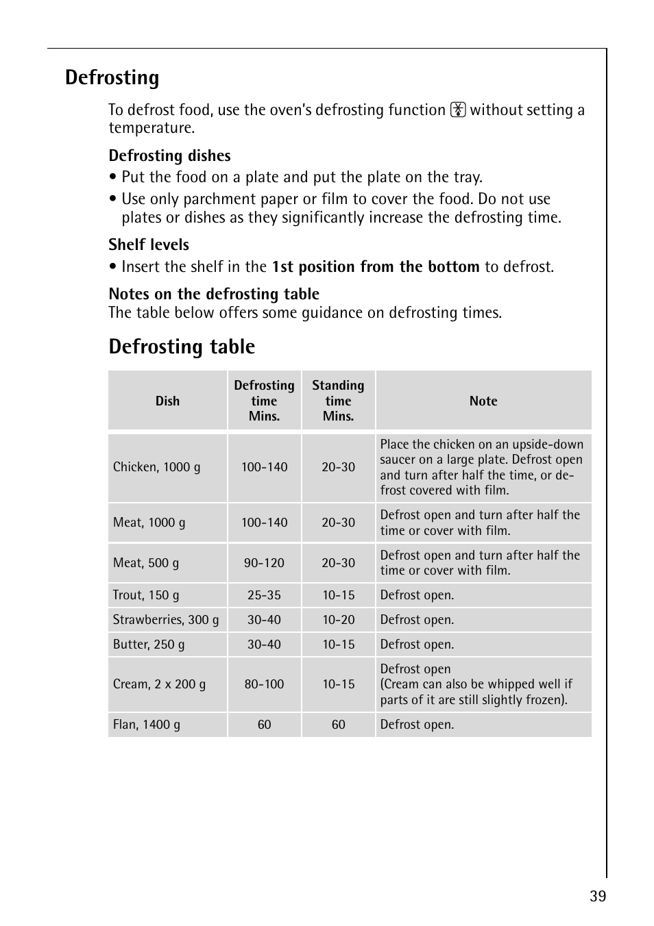 Defrosting, Defrosting table | Electrolux E2190-1 User Manual | Page 39 / 60