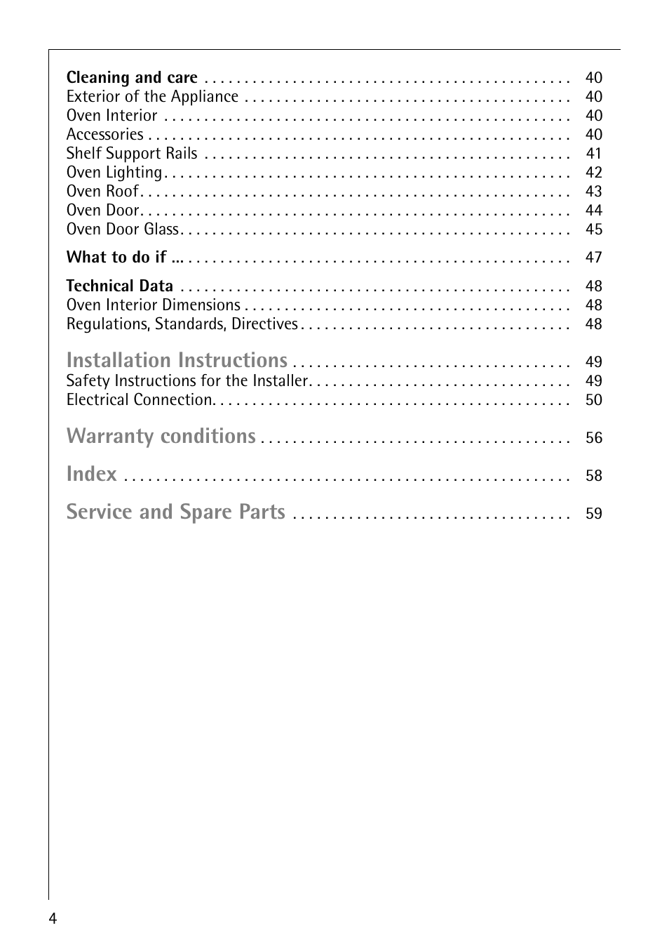 Installation instructions, Warranty conditions, Index | Service and spare parts | Electrolux E2190-1 User Manual | Page 4 / 60