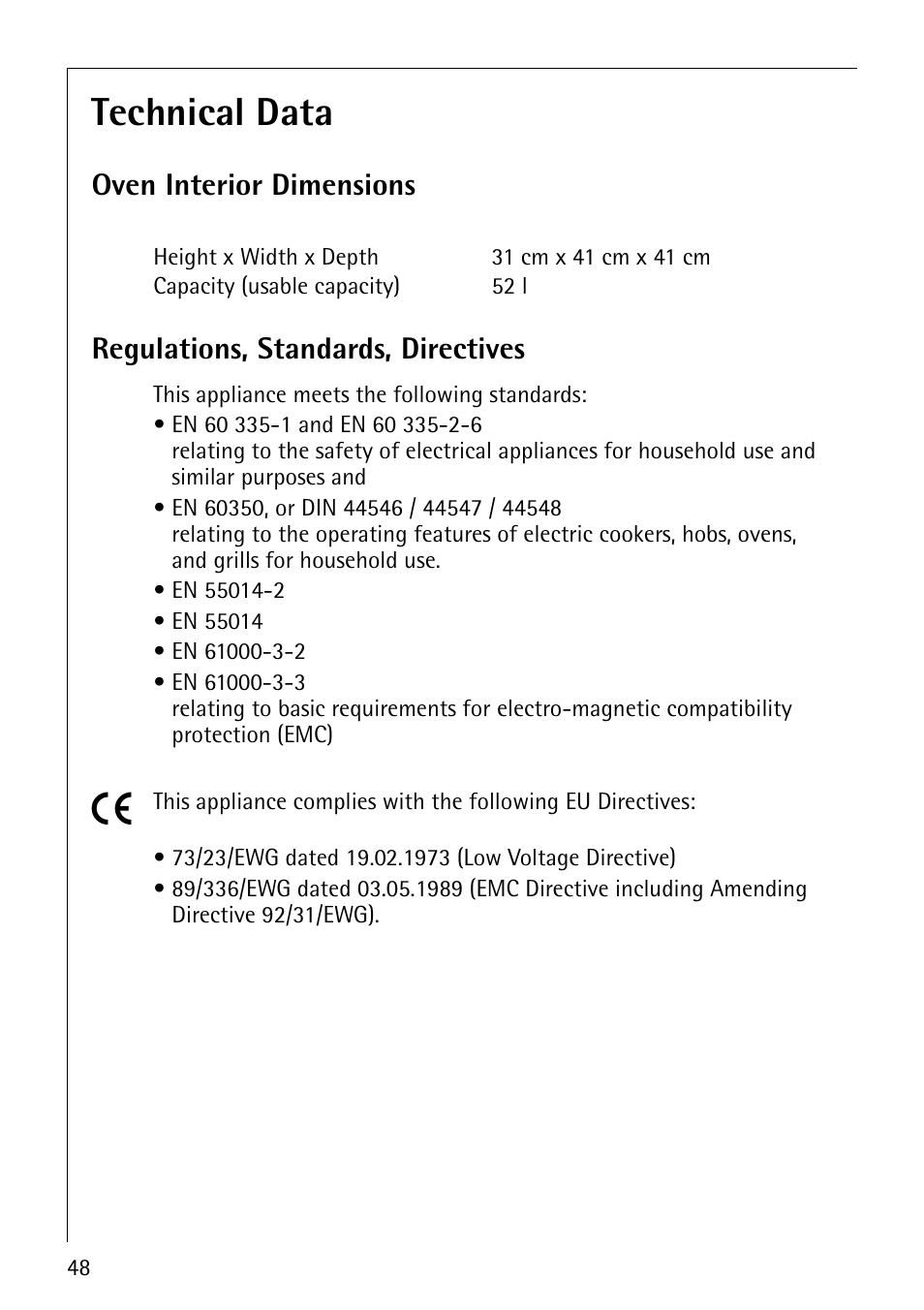 Technical data, Oven interior dimensions, Regulations, standards, directives | Electrolux E2190-1 User Manual | Page 48 / 60