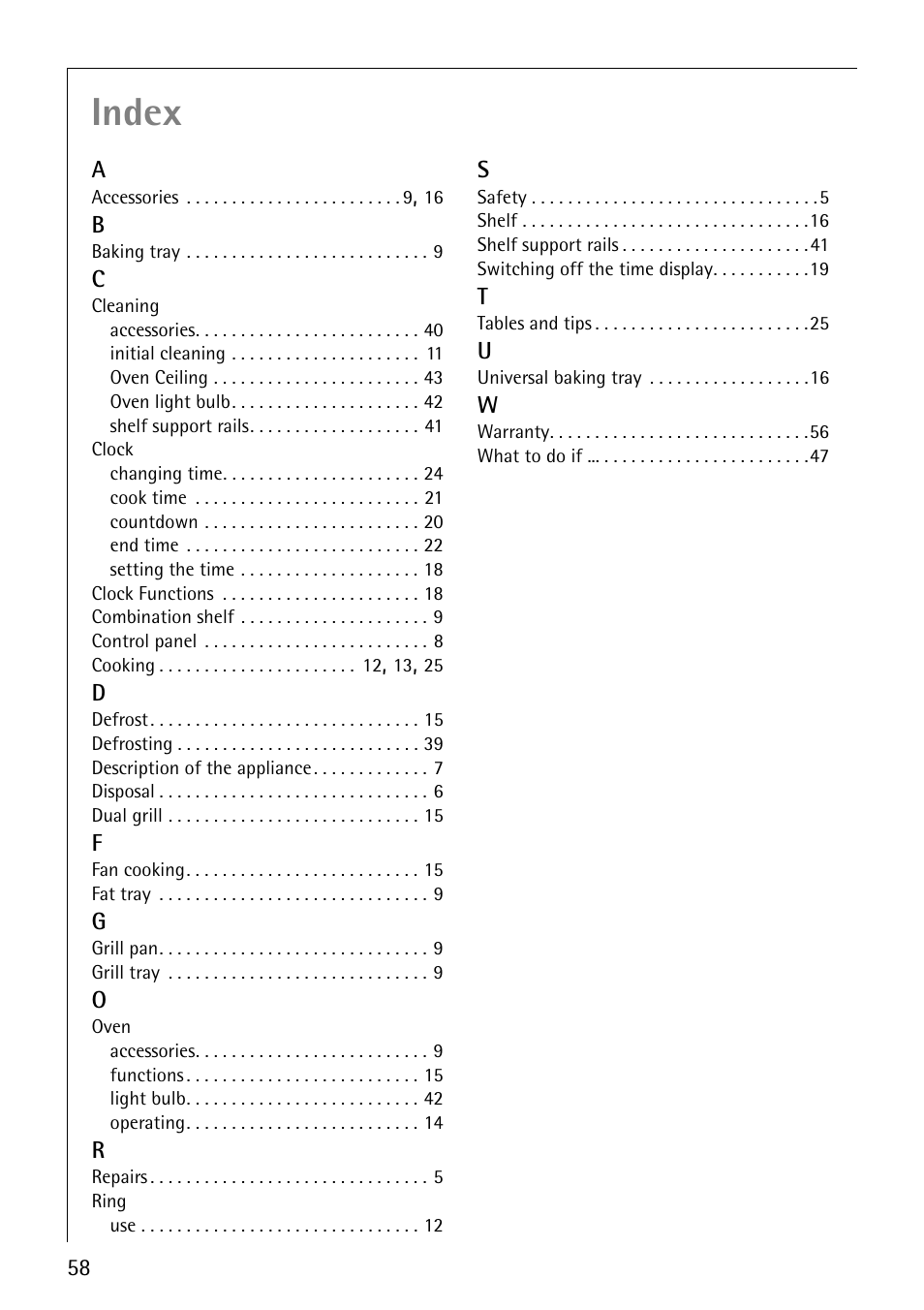 Index | Electrolux E2190-1 User Manual | Page 58 / 60