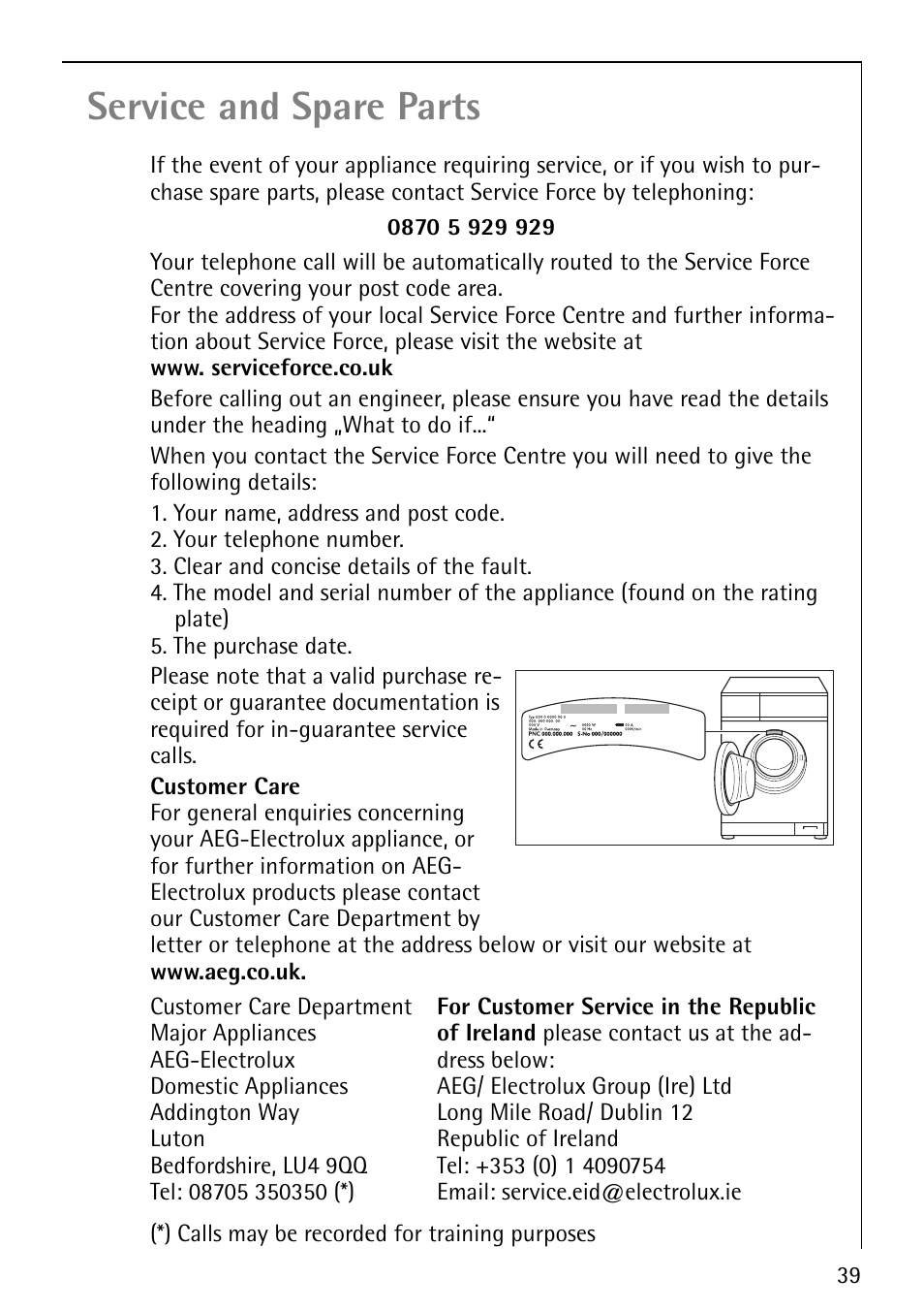 Service and spare parts | Electrolux LAVAMAT 76810 User Manual | Page 39 / 40