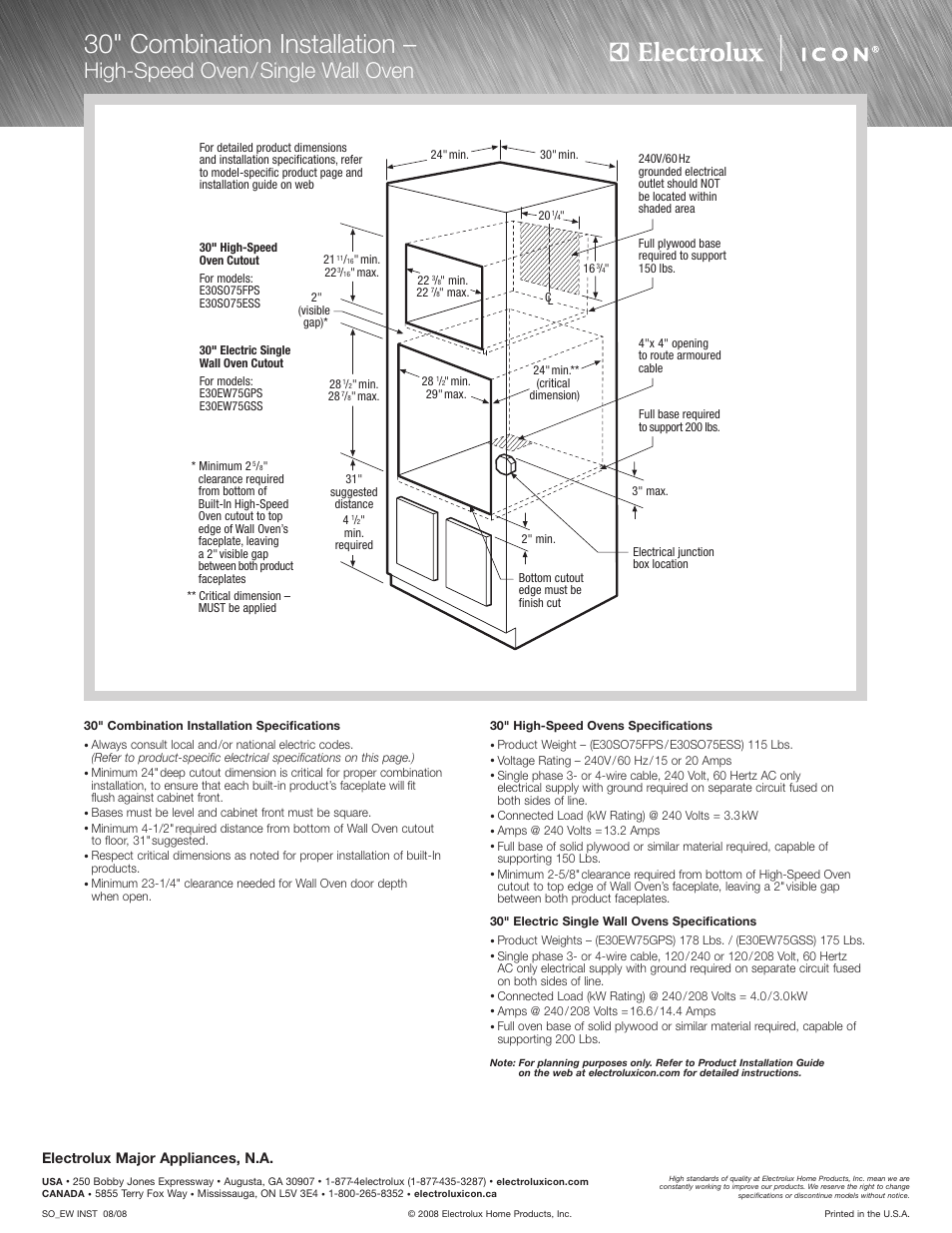 30" combination installation, High-speed oven/single wall oven, Electrolux major appliances, n.a | Electrolux E30SO75ESS User Manual | Page 3 / 4