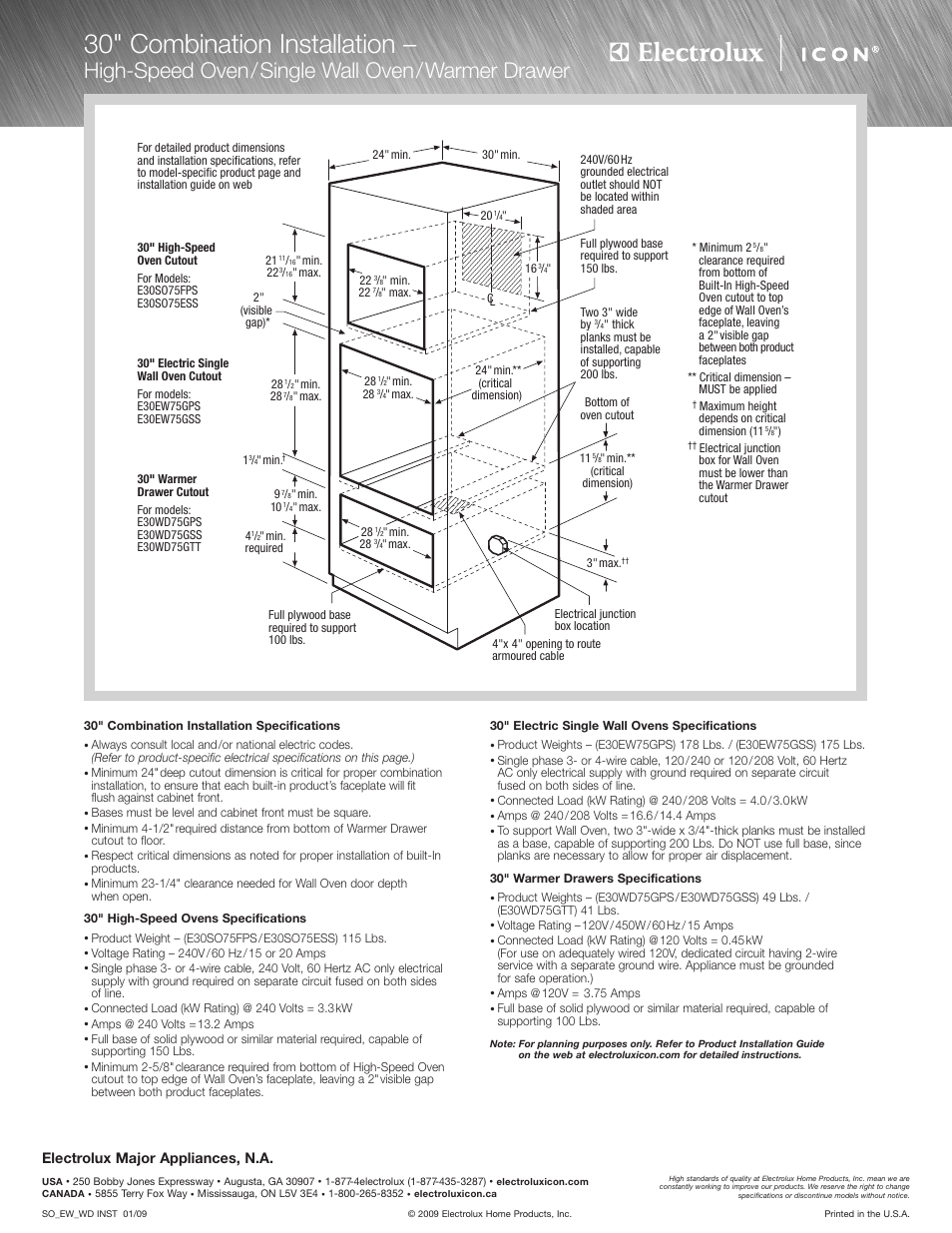 30" combination installation, High-speed oven/single wall oven/warmer drawer, Electrolux major appliances, n.a | Electrolux E30SO75ESS User Manual | Page 4 / 4