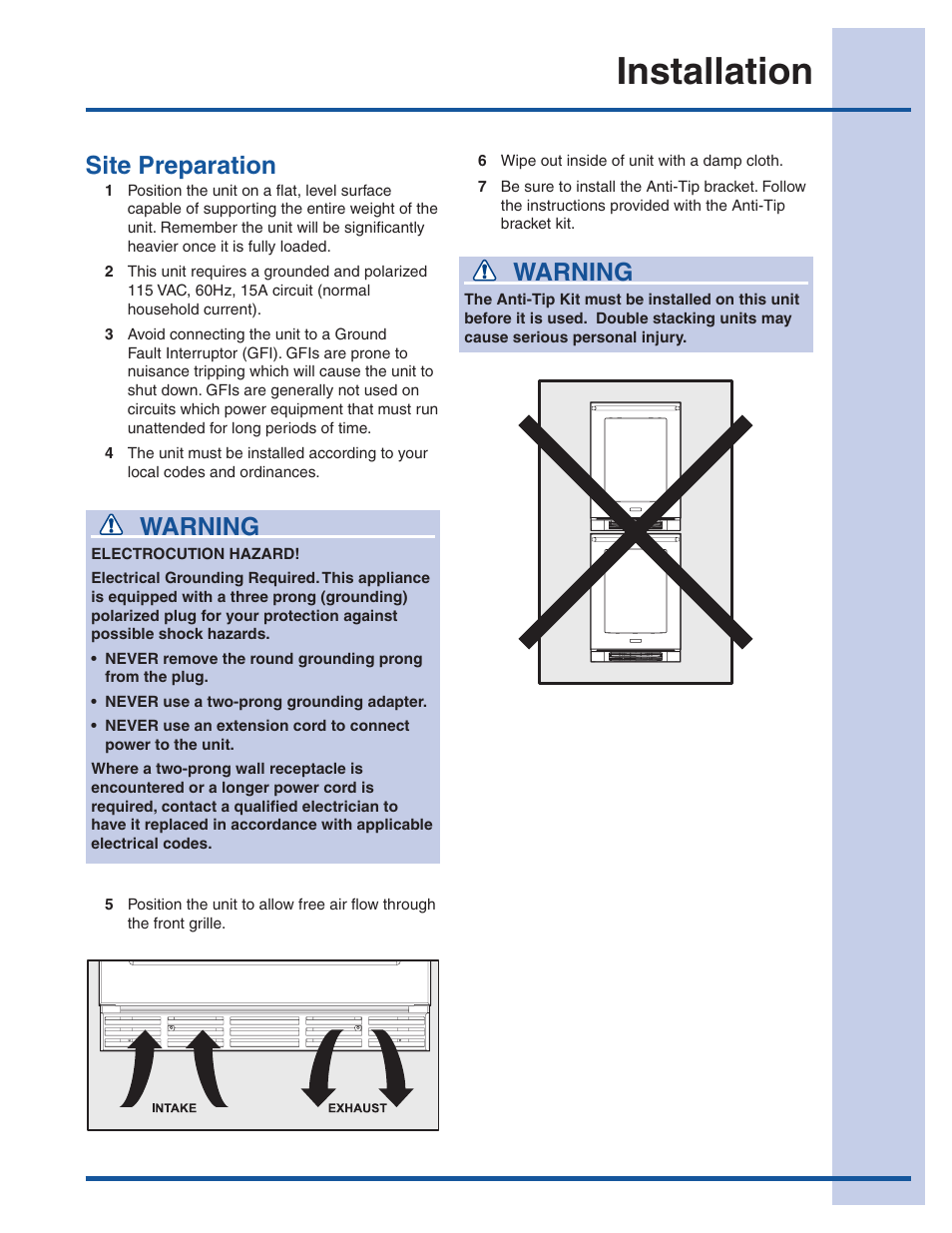 Installation, Warning, Site preparation | Electrolux E24WC75HSS User Manual | Page 3 / 3