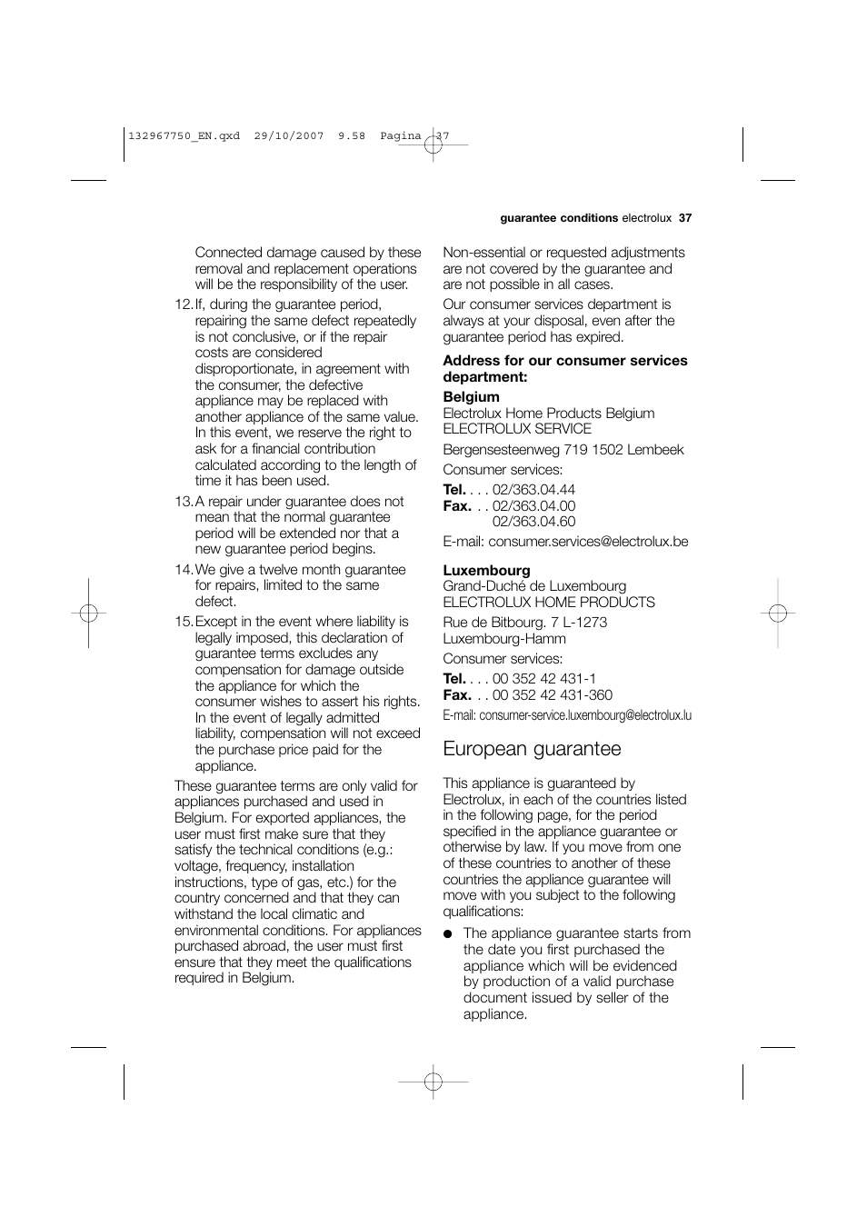 European guarantee | Electrolux EWF 14170 W User Manual | Page 37 / 40
