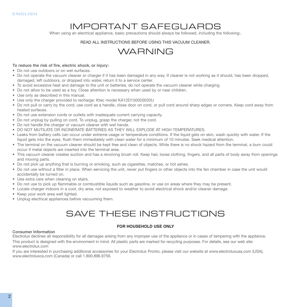 Important safeguards, Warning, Save these instructions | Electrolux EL 1000A User Manual | Page 2 / 16