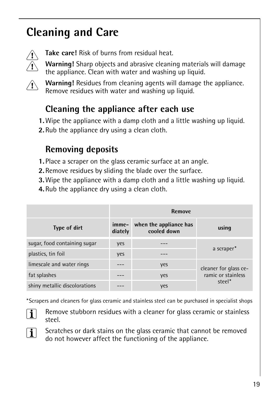 Cleaning and care 1, Cleaning the appliance after each use, Removing deposits | Electrolux 66301K-MN User Manual | Page 19 / 32