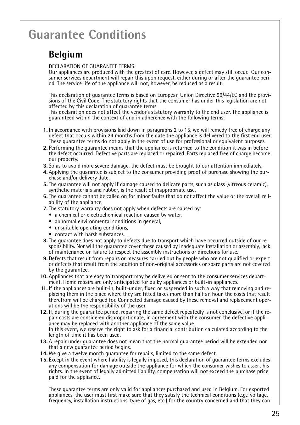 Guarantee conditions, Belgium | Electrolux 66301K-MN User Manual | Page 25 / 32