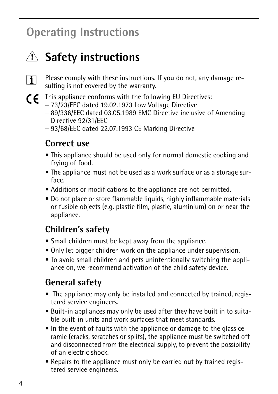 Operating instructions 1 safety instructions 3, Correct use, Children’s safety | General safety | Electrolux 66301K-MN User Manual | Page 4 / 32