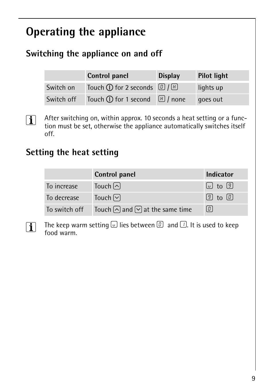 Operating the appliance, Switching the appliance on and off, Setting the heat setting | Electrolux 66301K-MN User Manual | Page 9 / 32