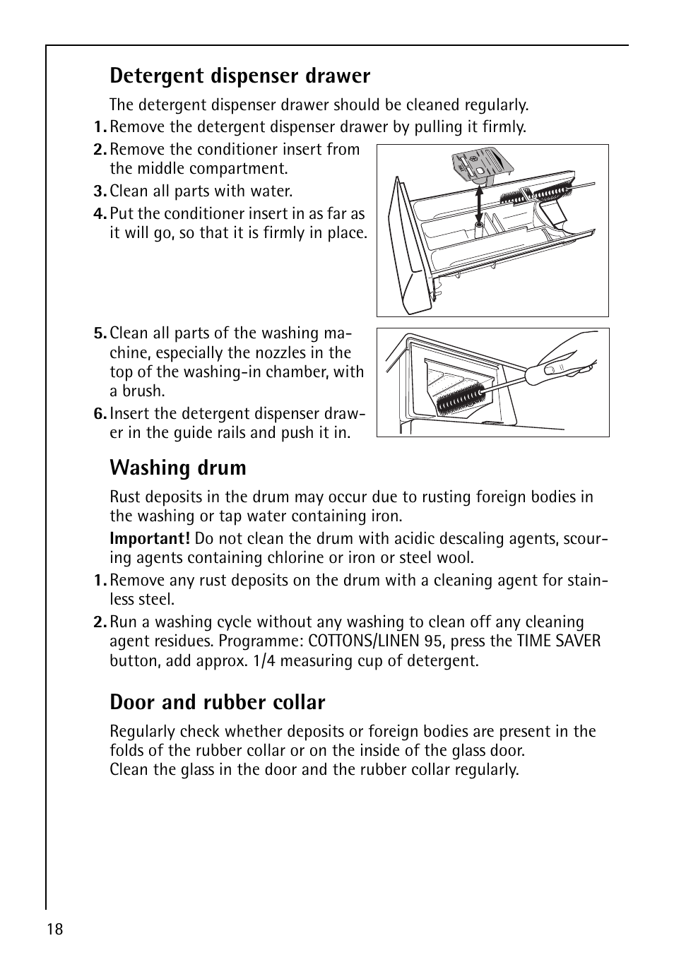 Detergent dispenser drawer, Washing drum, Door and rubber collar | Electrolux LAVAMAT 62800 User Manual | Page 18 / 36