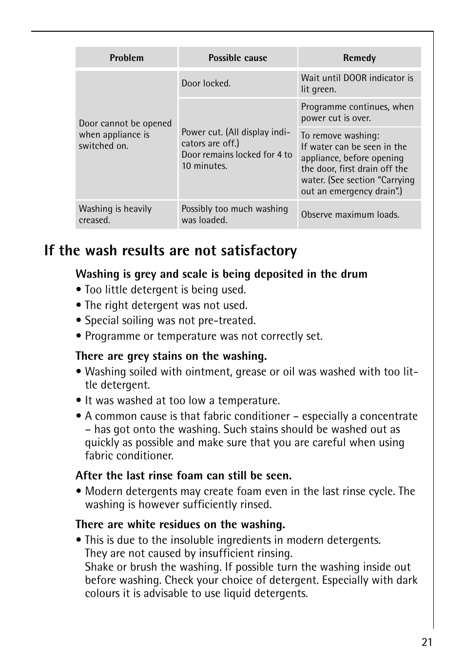 If the wash results are not satisfactory | Electrolux LAVAMAT 62800 User Manual | Page 21 / 36