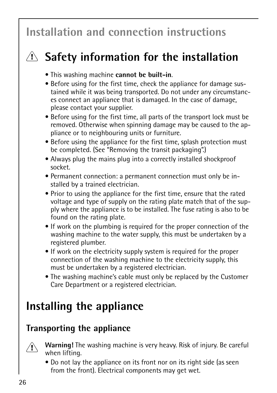 Installing the appliance, Transporting the appliance | Electrolux LAVAMAT 62800 User Manual | Page 26 / 36