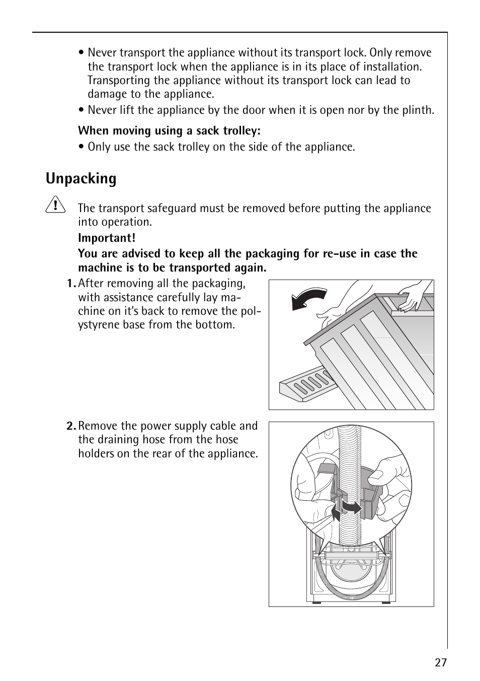 Unpacking | Electrolux LAVAMAT 62800 User Manual | Page 27 / 36