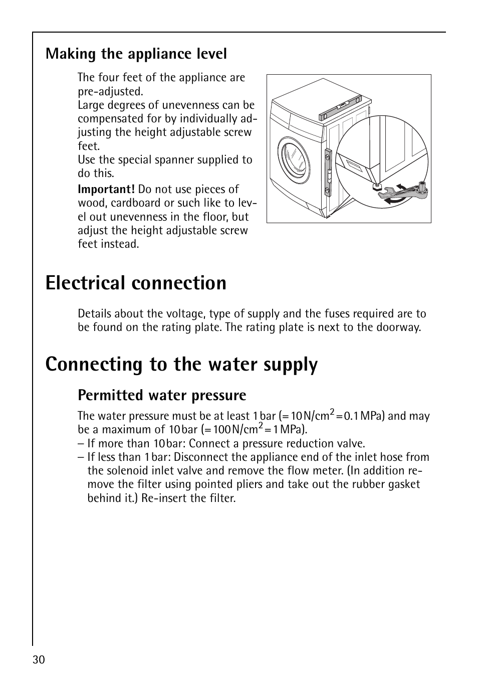 Electrical connection, Connecting to the water supply, Making the appliance level | Permitted water pressure | Electrolux LAVAMAT 62800 User Manual | Page 30 / 36