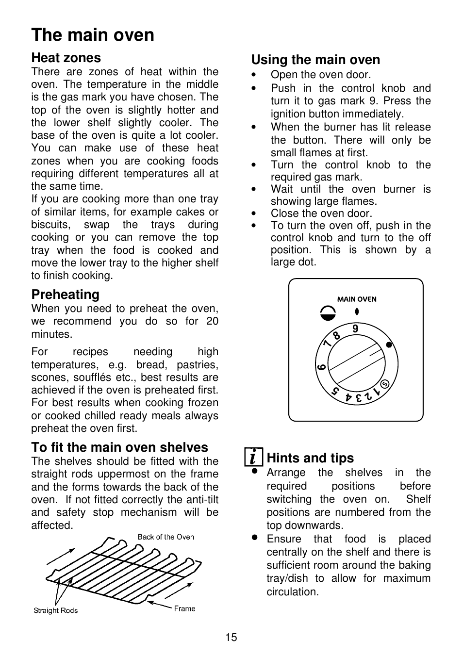 The main oven, Heat zones, Preheating | Using the main oven, Hints and tips | Electrolux SG306 User Manual | Page 15 / 36