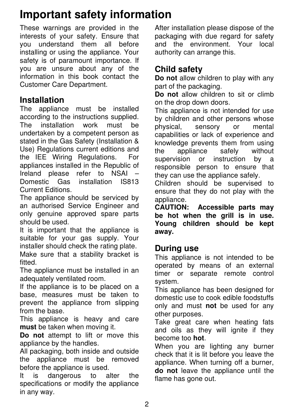 Important safety information, Installation, Child safety | During use | Electrolux SG306 User Manual | Page 2 / 36