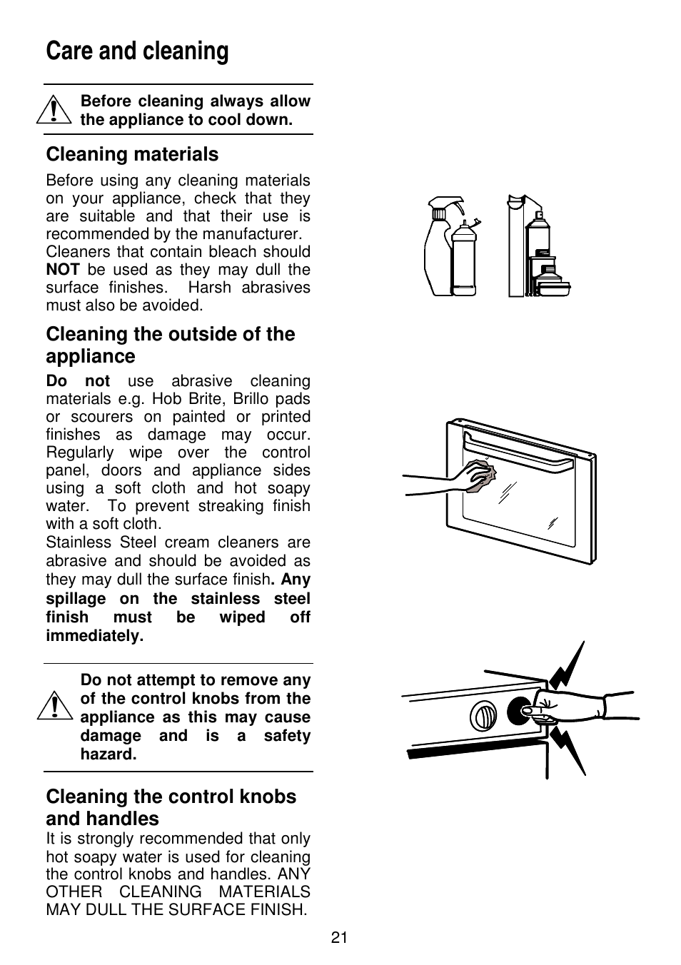 Care and cleaning, Cleaning materials, Cleaning the outside of the appliance | Cleaning the control knobs and handles | Electrolux SG306 User Manual | Page 21 / 36