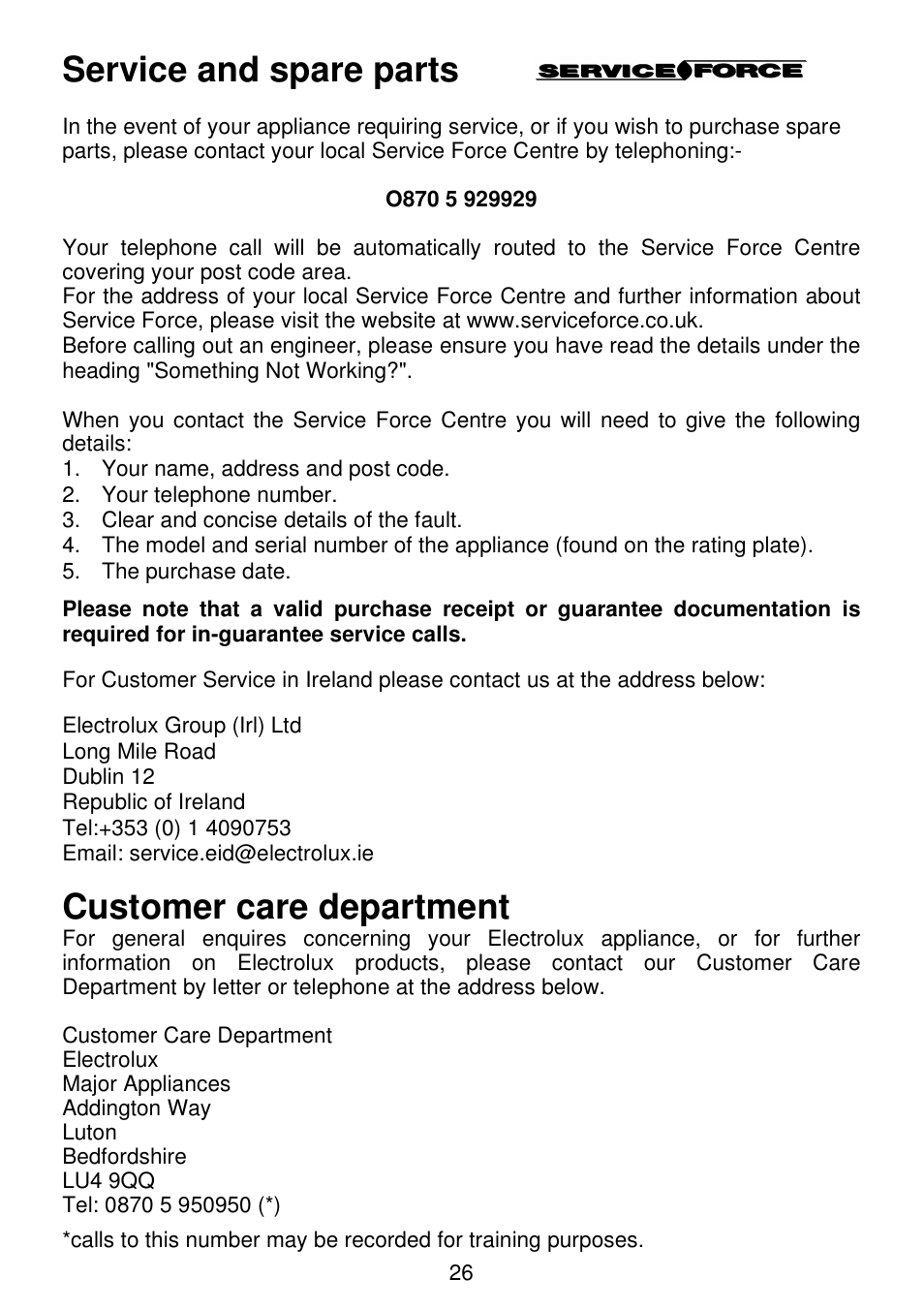 Service and spare parts, Customer care department | Electrolux SG306 User Manual | Page 26 / 36