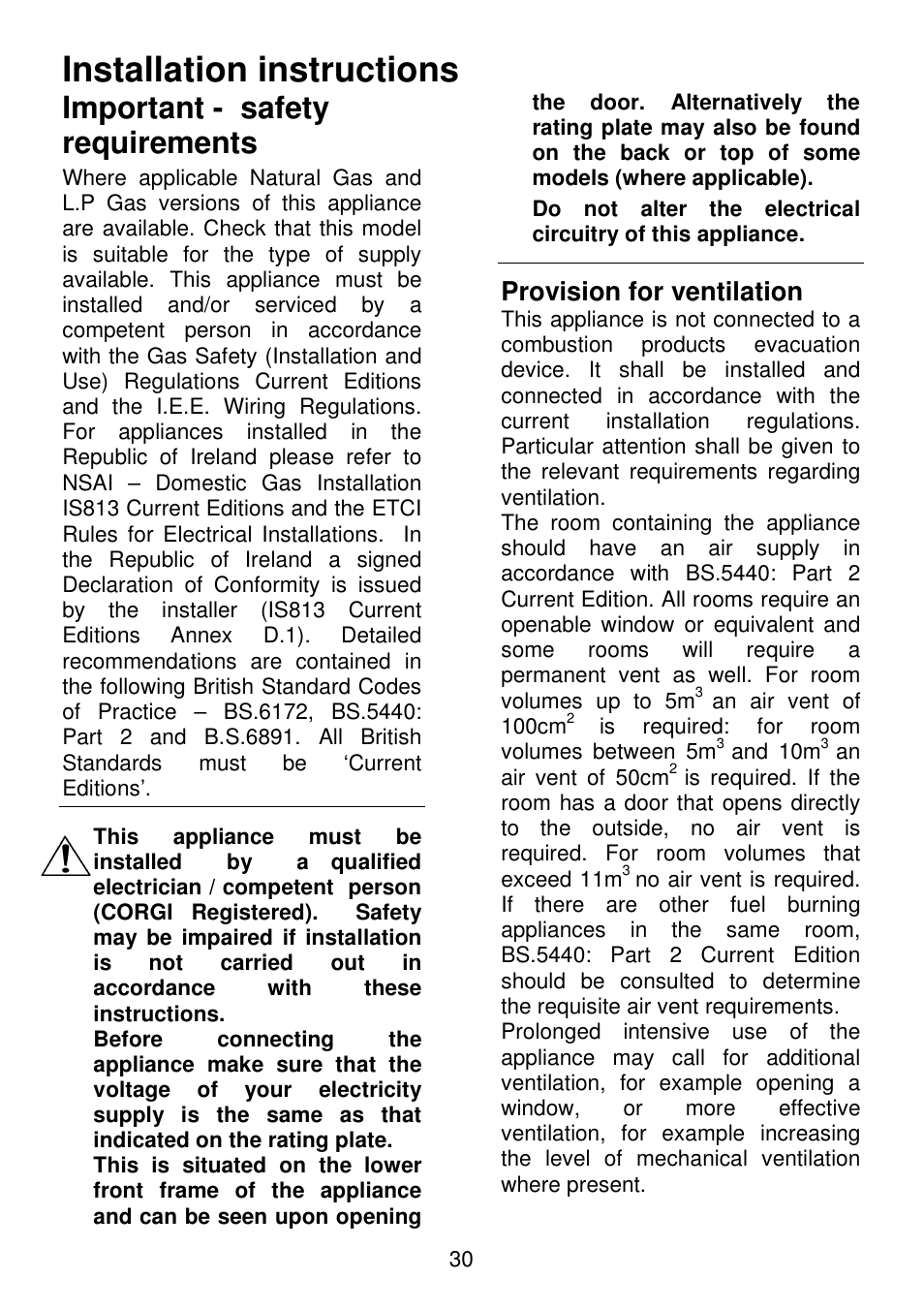 Installation instructions, Important - safety requirements, Provision for ventilation | Electrolux SG306 User Manual | Page 30 / 36