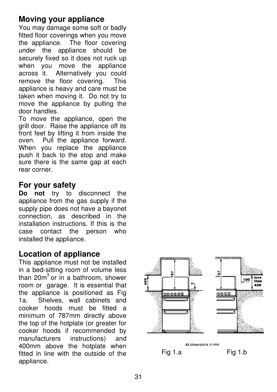 Moving your appliance, For your safety, Location of appliance | Electrolux SG306 User Manual | Page 31 / 36