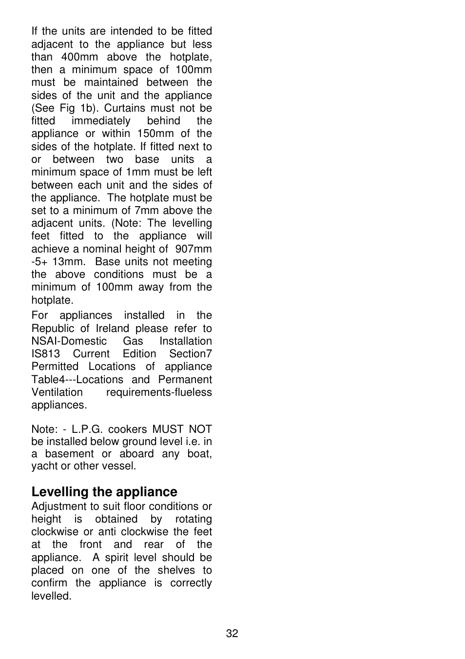 Levelling the appliance | Electrolux SG306 User Manual | Page 32 / 36