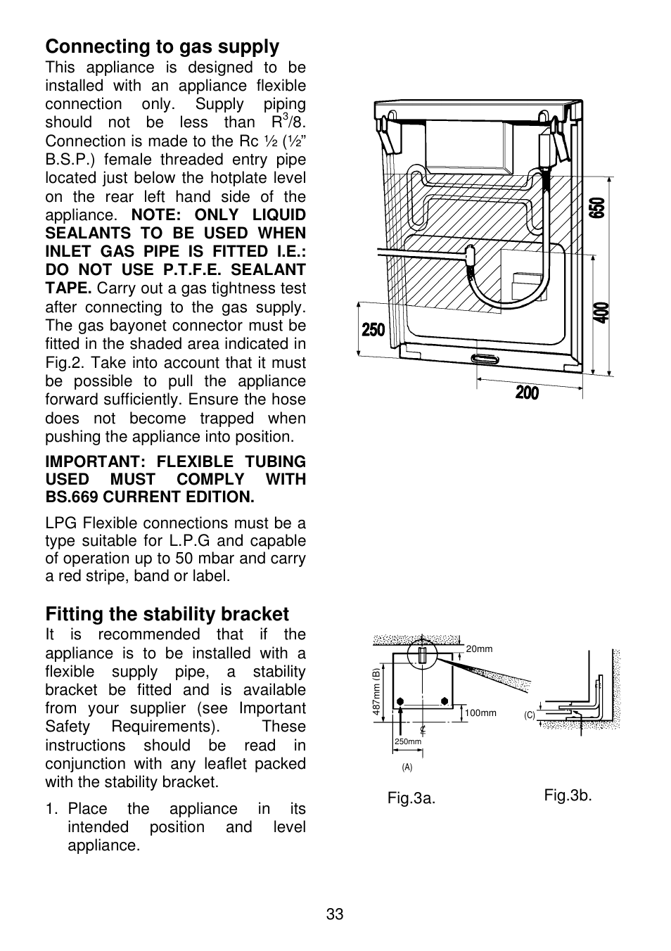 Connecting to gas supply, Fitting the stability bracket | Electrolux SG306 User Manual | Page 33 / 36