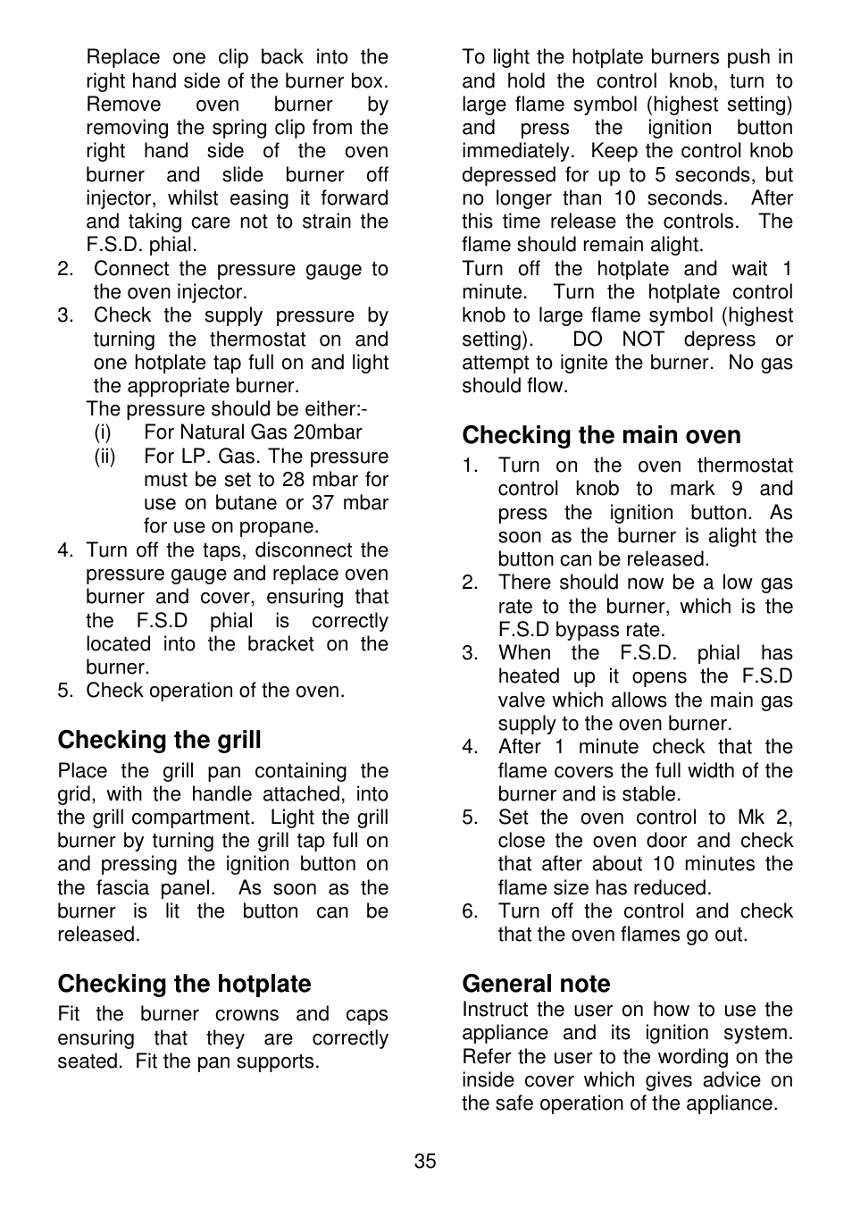 Checking the grill, Checking the hotplate, Checking the main oven | Electrolux SG306 User Manual | Page 35 / 36