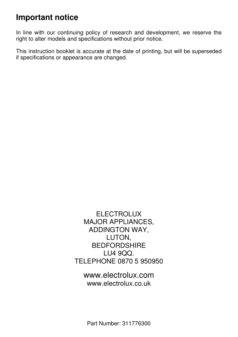 Important notice | Electrolux SG306 User Manual | Page 36 / 36