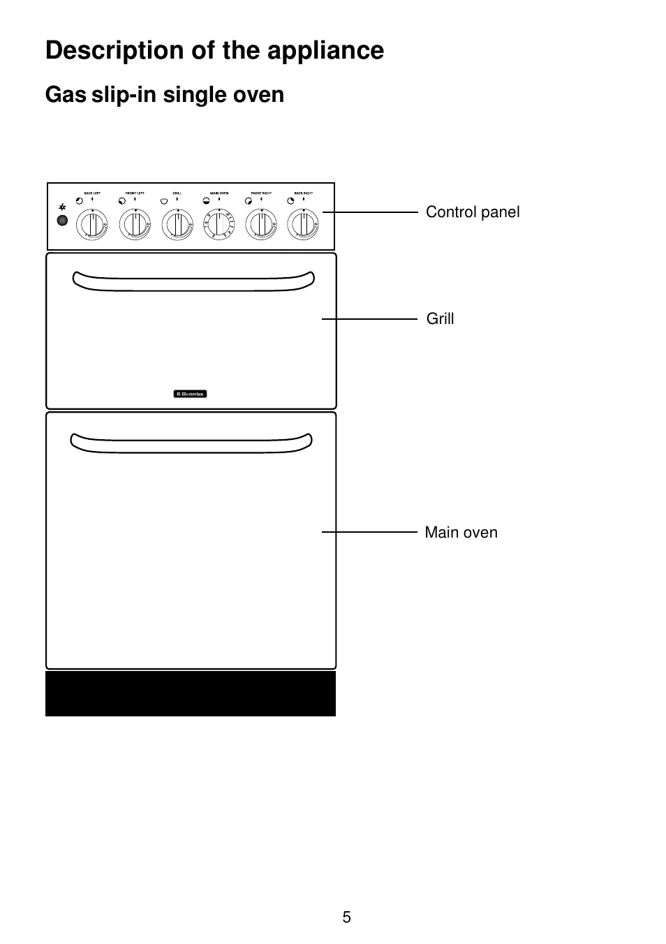 Description of the appliance, Slip-in single oven, Main oven control panel grill | Electrolux SG306 User Manual | Page 5 / 36