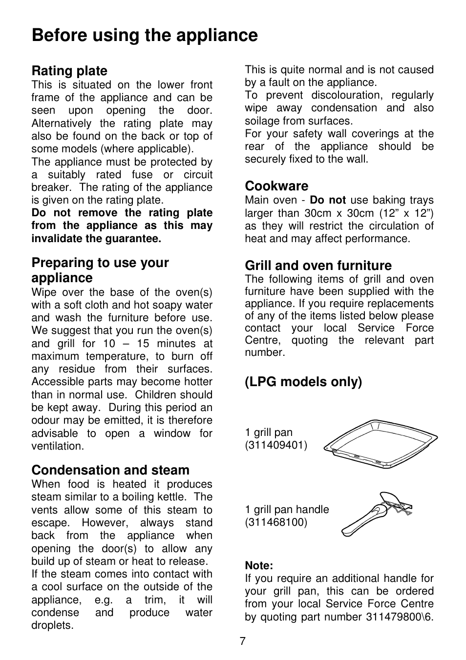 Before using the appliance, Rating plate, Preparing to use your appliance | Condensation and steam, Cookware, Grill and oven furniture, Lpg models only) | Electrolux SG306 User Manual | Page 7 / 36