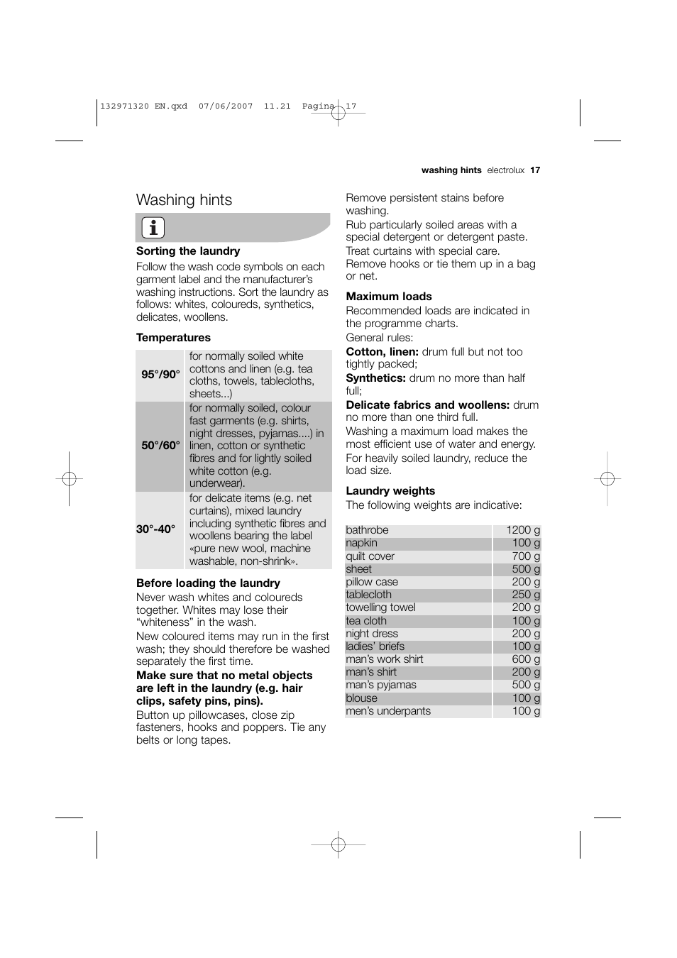 Washing hints | Electrolux EWG 12440 W User Manual | Page 17 / 48