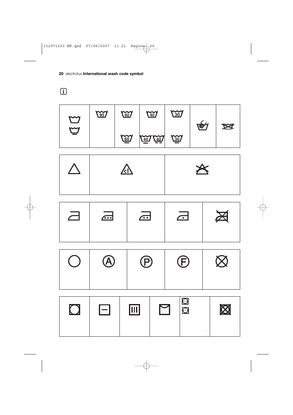 International wash code symbols | Electrolux EWG 12440 W User Manual | Page 20 / 48