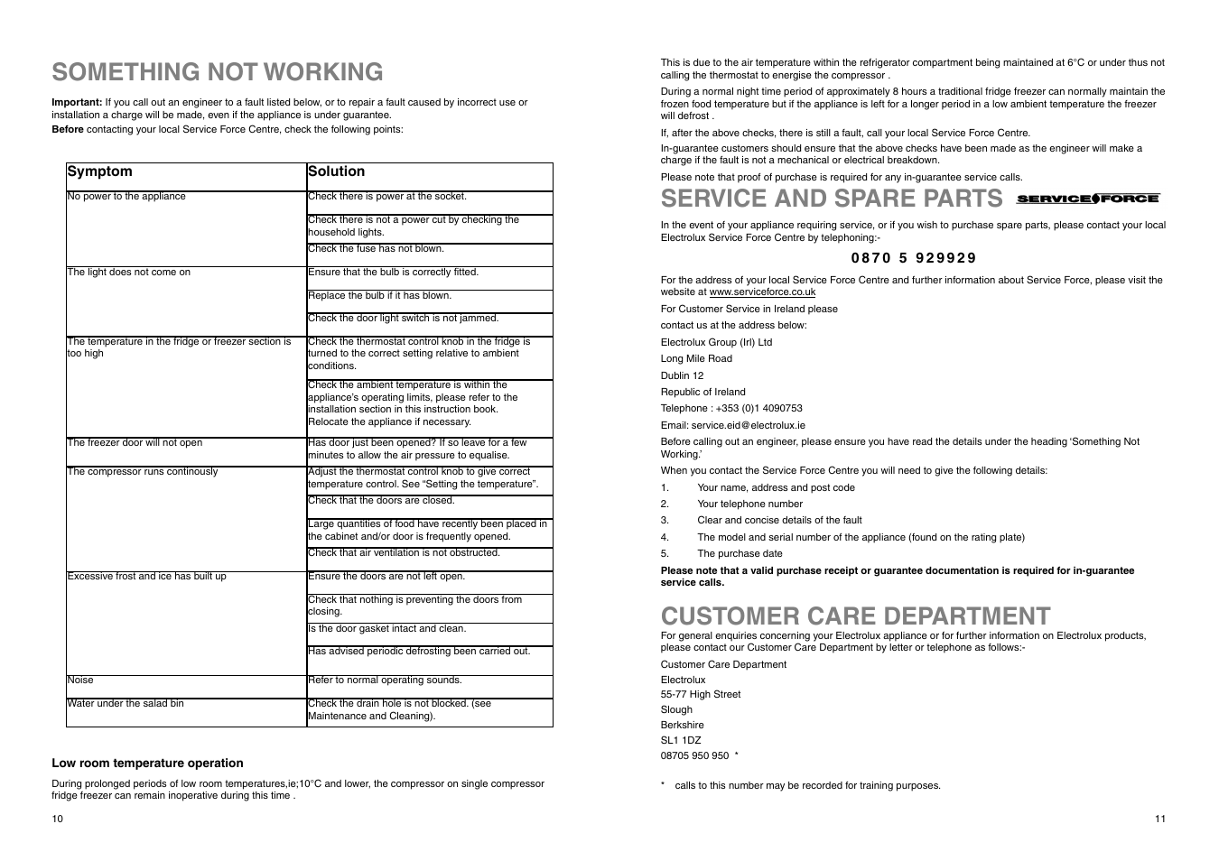 Something not working, Customer care department, Service and spare parts | Electrolux ER 8126/1 B User Manual | Page 10 / 20