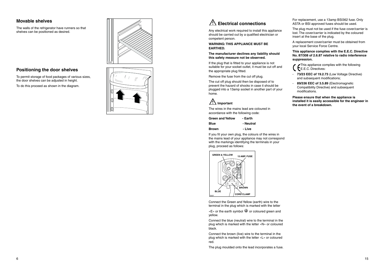 Movable shelves, Positioning the door shelves, Electrical connections | Electrolux ER 8126/1 B User Manual | Page 15 / 20