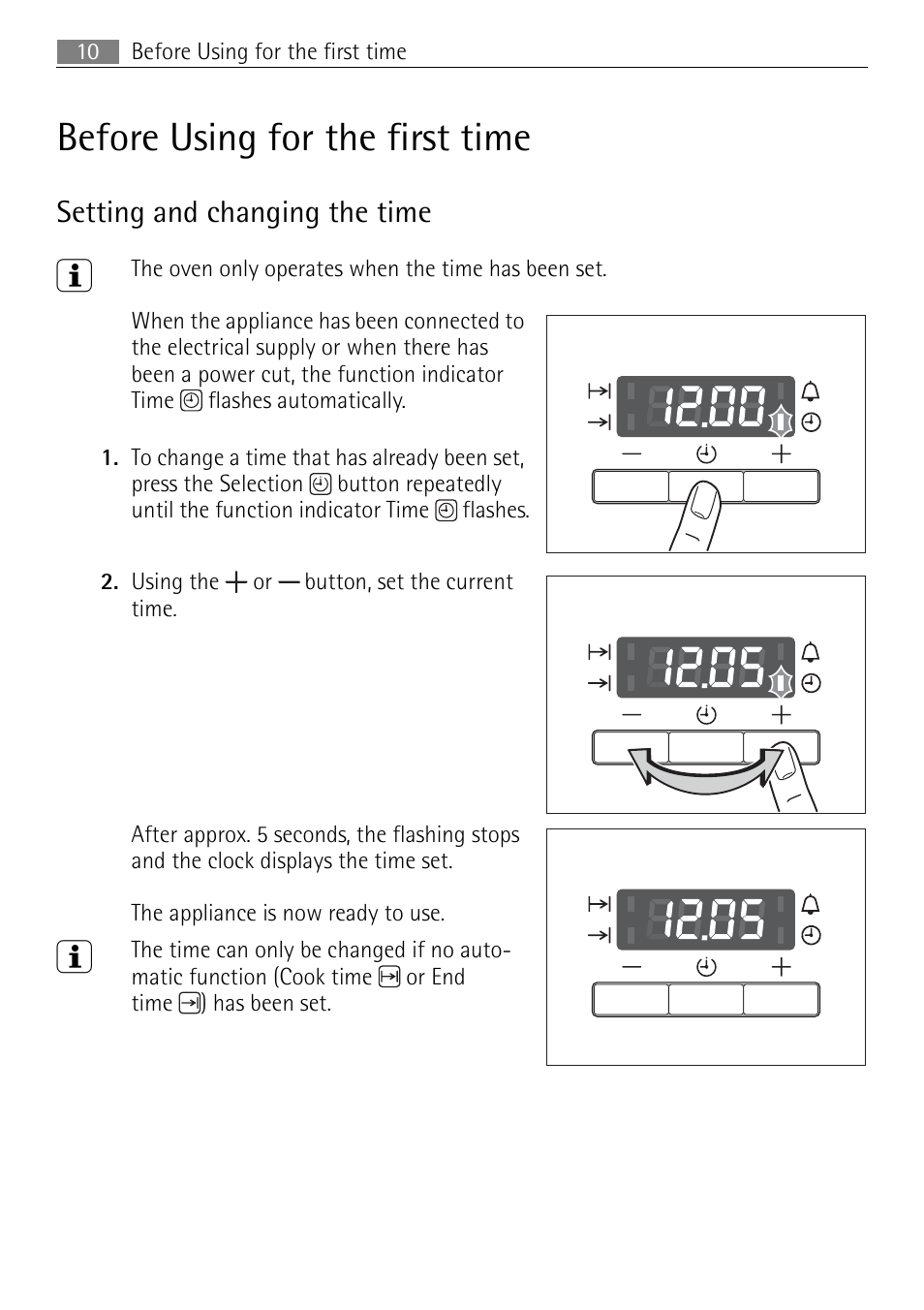 Before using for the first time, Setting and changing the time | Electrolux B3150-5 User Manual | Page 10 / 56