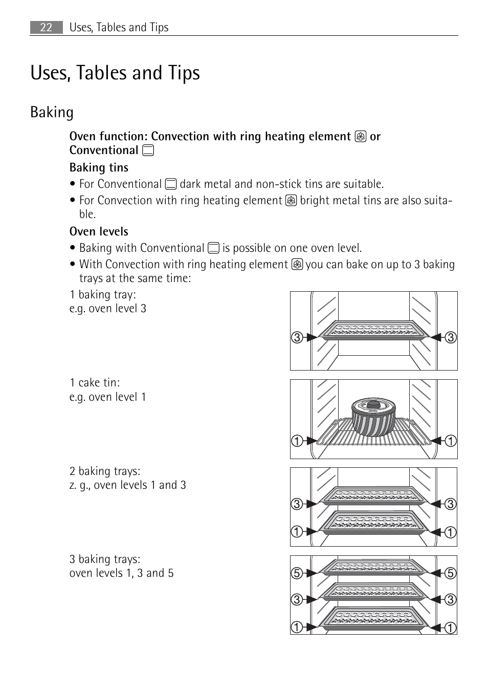 Uses, tables and tips, Baking | Electrolux B3150-5 User Manual | Page 22 / 56