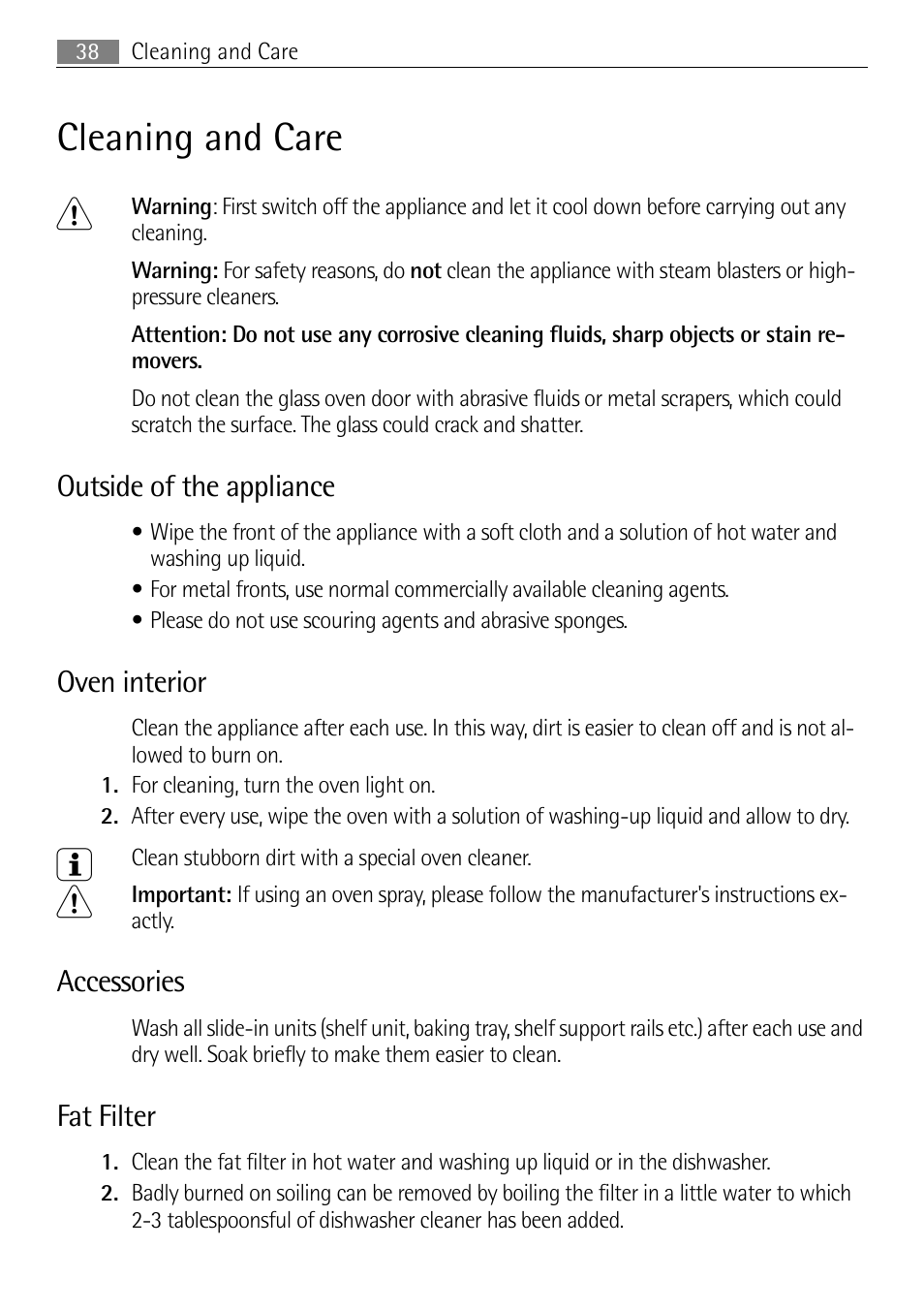 Cleaning and care 1, Outside of the appliance, Oven interior | Accessories, Fat filter | Electrolux B3150-5 User Manual | Page 38 / 56