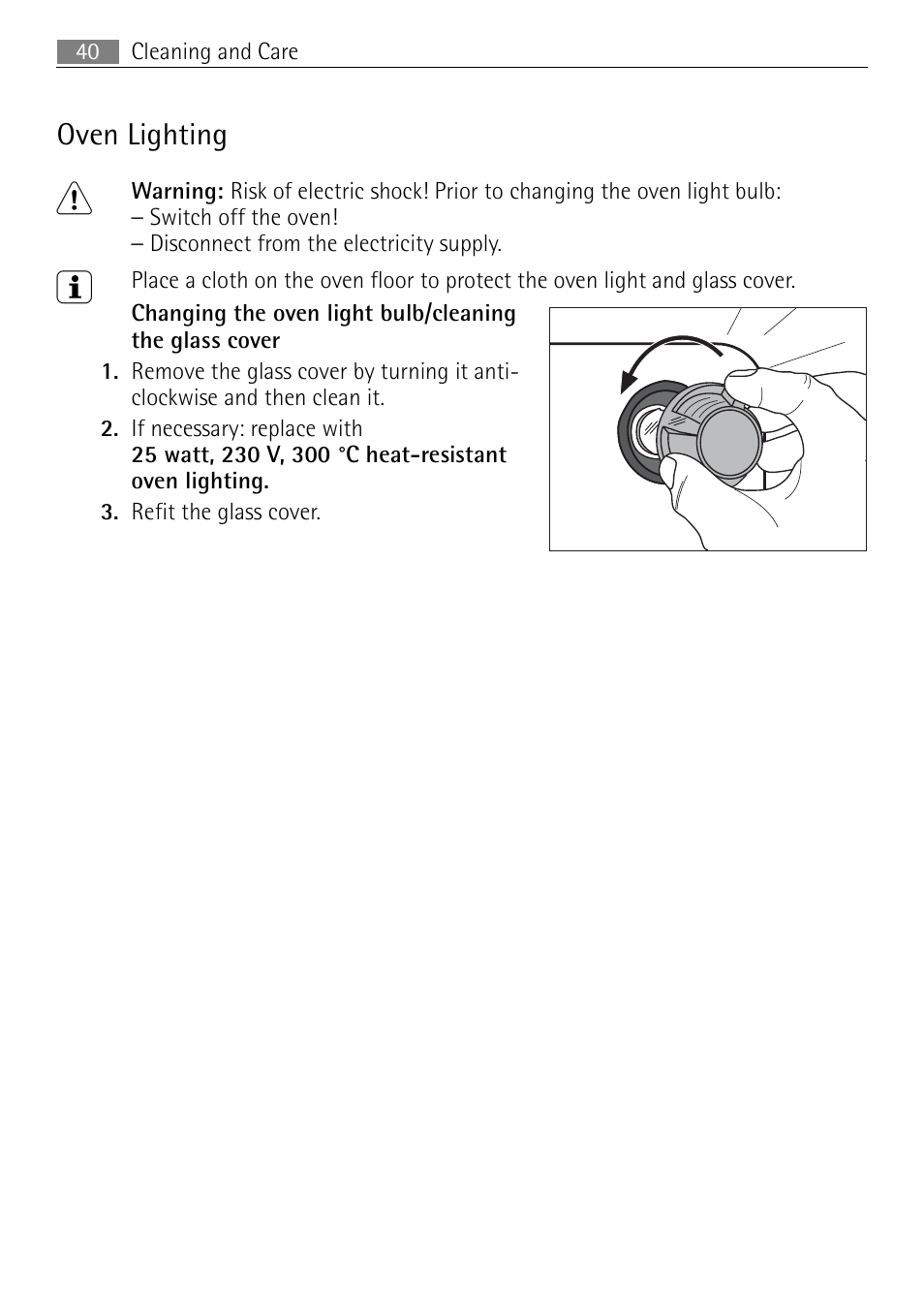 Oven lighting | Electrolux B3150-5 User Manual | Page 40 / 56