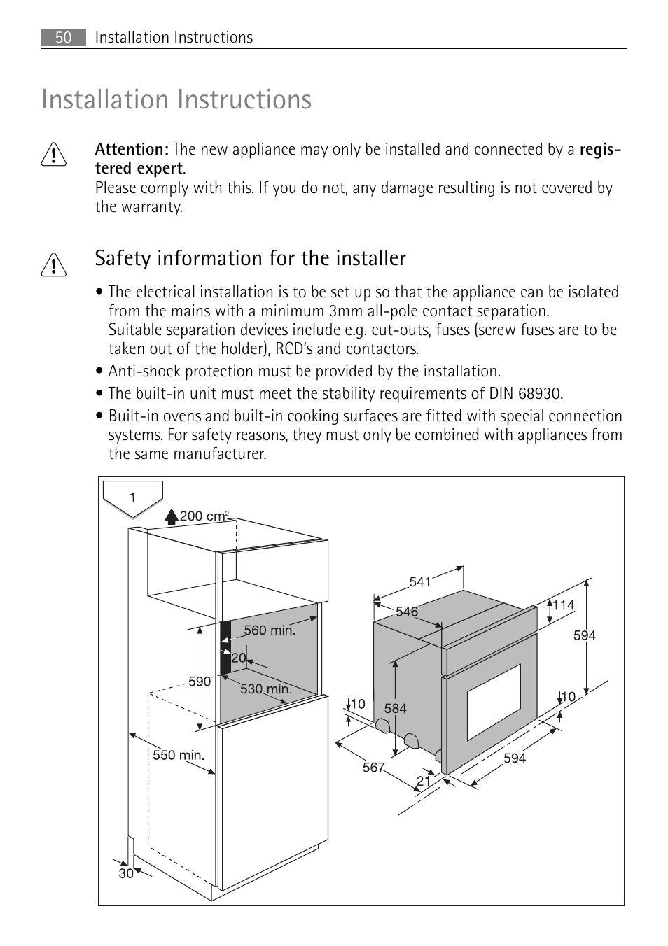 Installation instructions 1, Safety information for the installer | Electrolux B3150-5 User Manual | Page 50 / 56