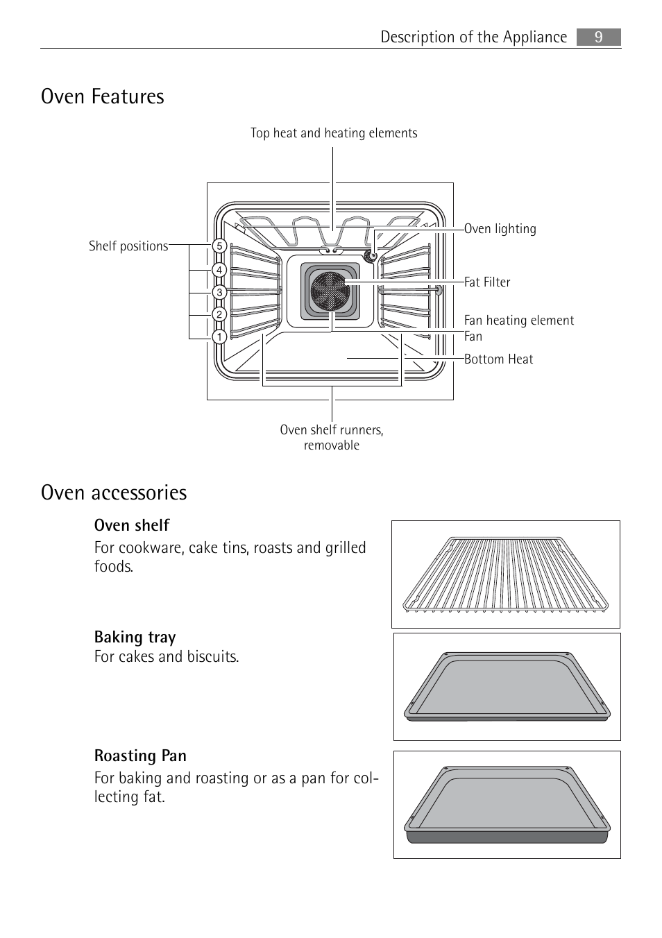 Oven features, Oven accessories | Electrolux B3150-5 User Manual | Page 9 / 56