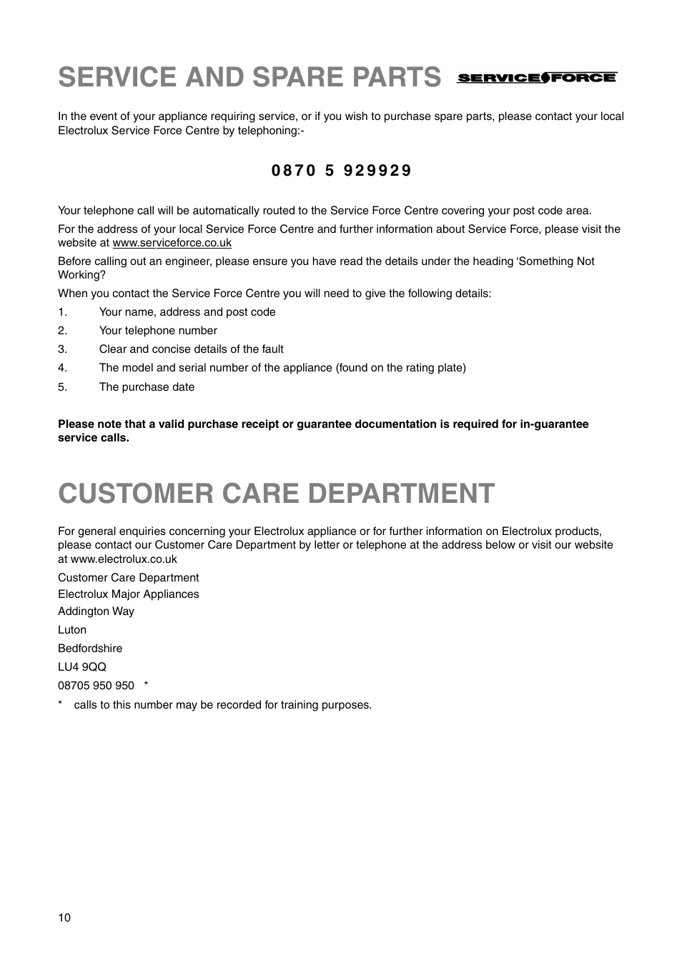 Customer care department, Service and spare parts | Electrolux ERN 1573 User Manual | Page 10 / 20
