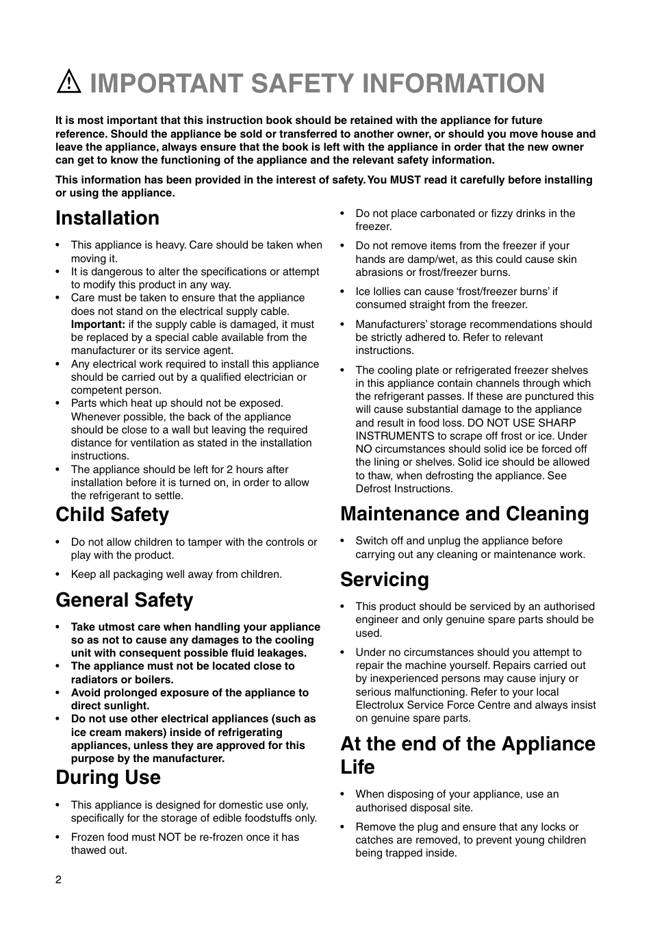 Important safety information, Installation, Child safety | General safety, During use, Maintenance and cleaning, Servicing, At the end of the appliance life | Electrolux ERN 1573 User Manual | Page 2 / 20