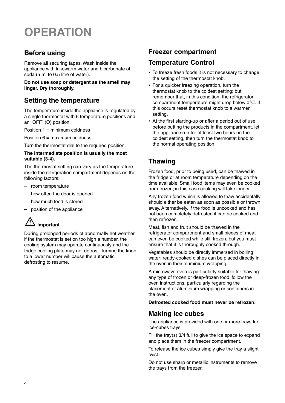 Operation, Making ice cubes, Thawing | Before using, Setting the temperature, Freezer compartment temperature control | Electrolux ERN 1573 User Manual | Page 4 / 20