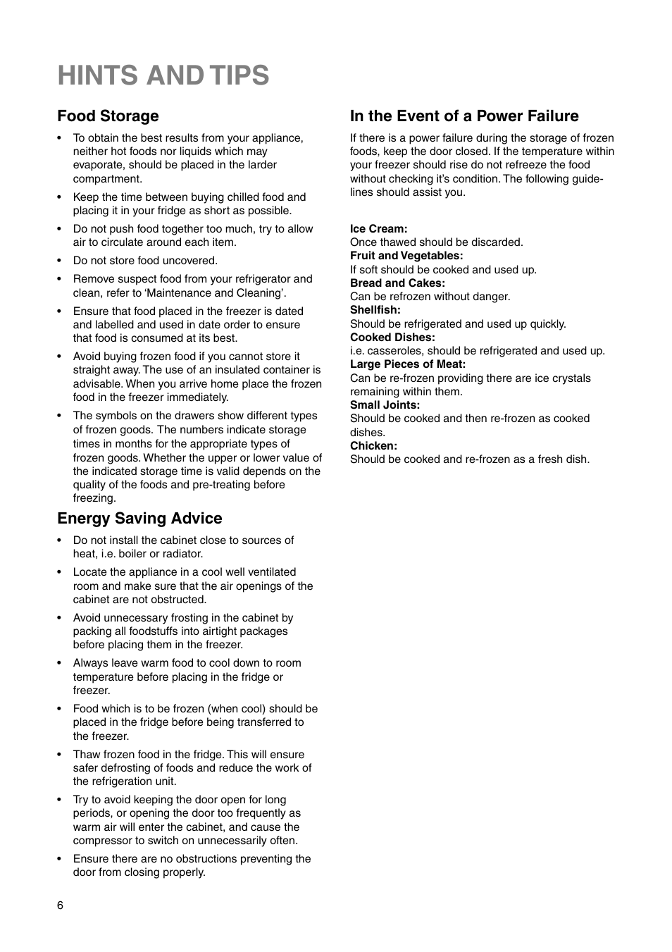 Hints and tips, Food storage, Energy saving advice | Electrolux ERN 1573 User Manual | Page 6 / 20