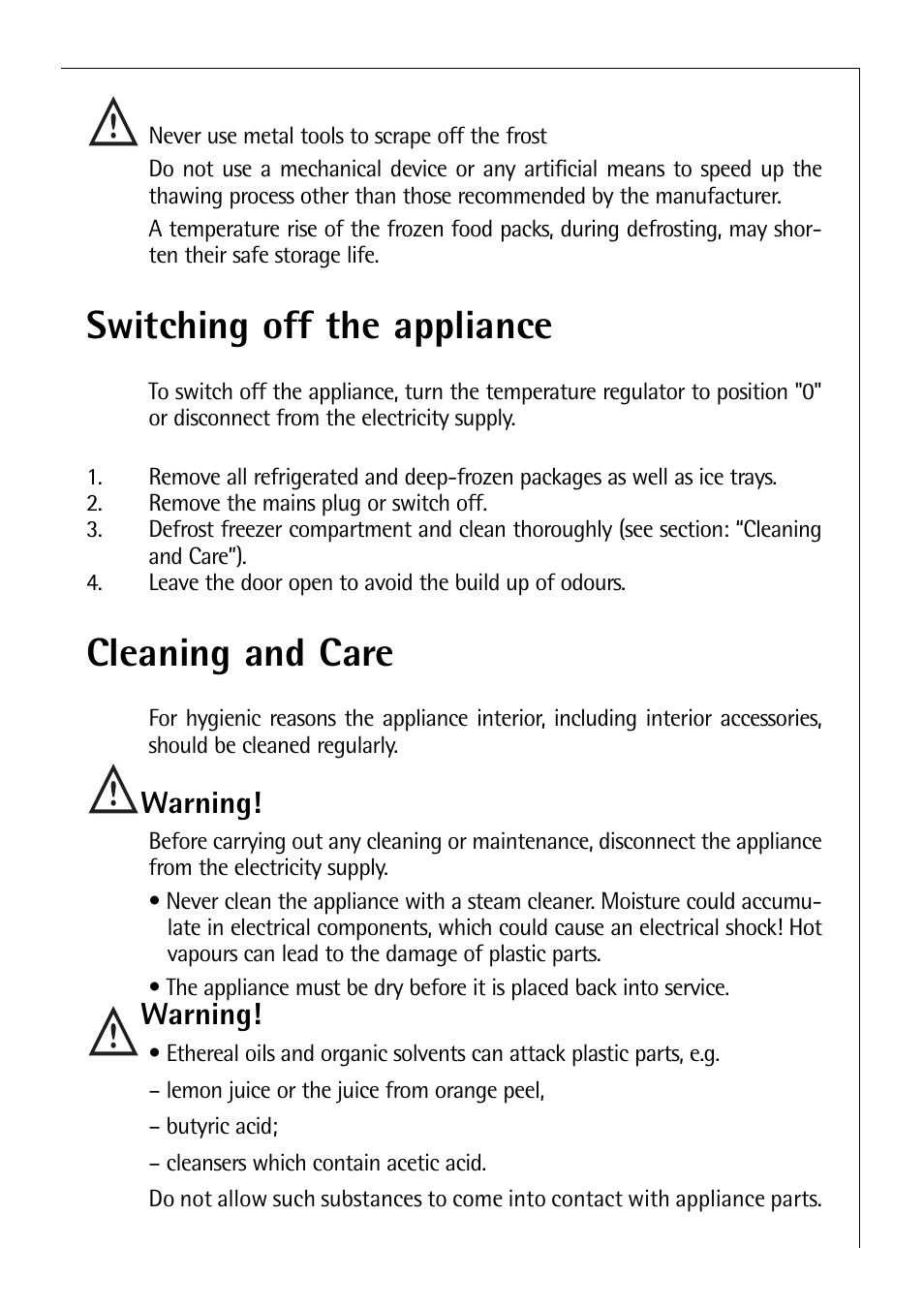 Switching off the appliance, Cleaning and care, Warning | Electrolux C 8 18 43 i User Manual | Page 13 / 28